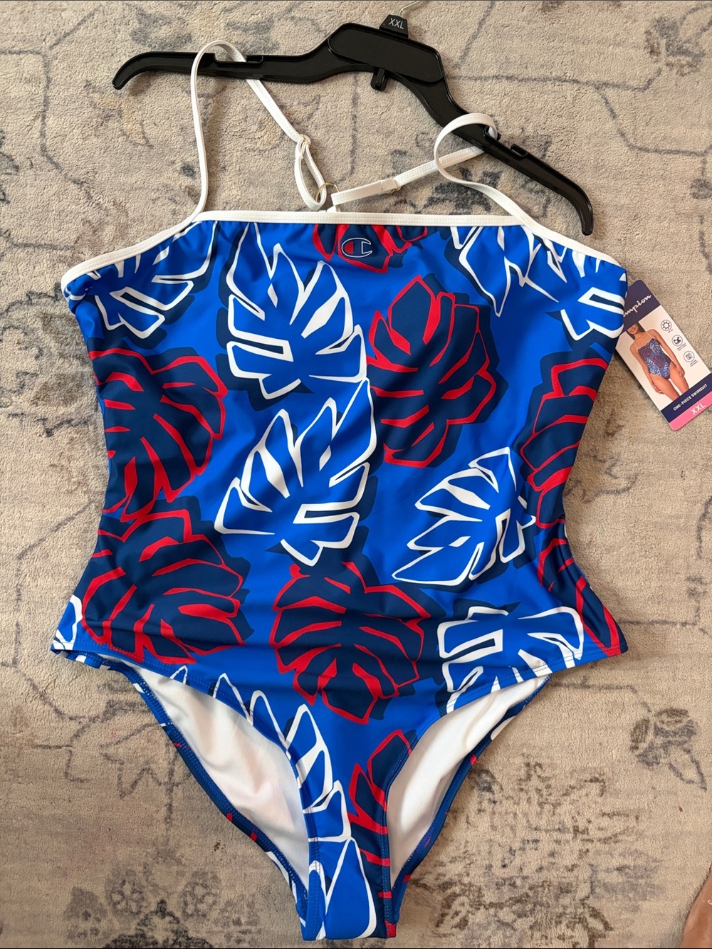 Champion Blue One-Piece Swimsuit with Red & White Leaf Print